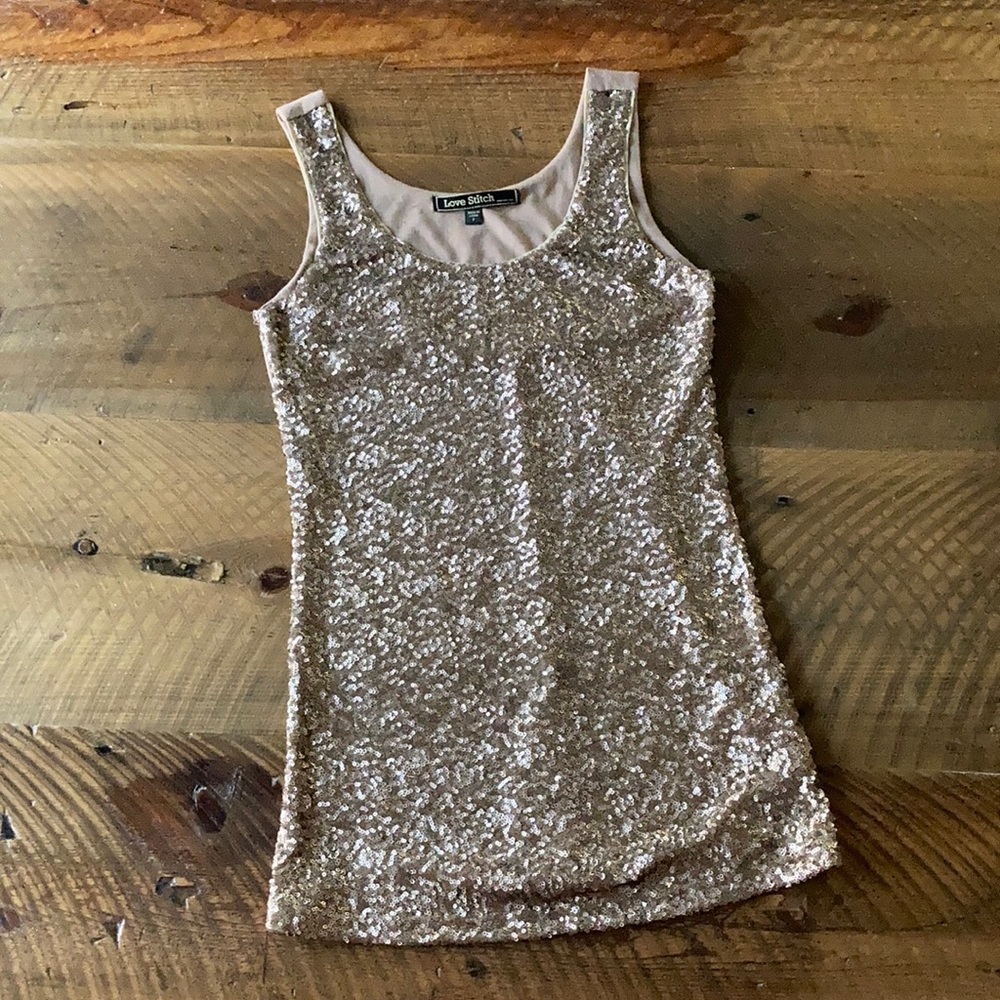 LOVE STITCH Gold Sequin Tank Top